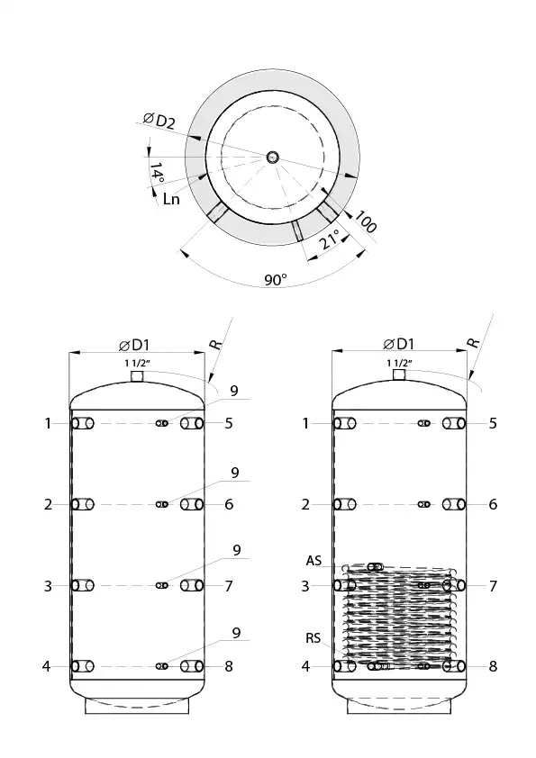 Connection diagram for standard ATTACK AK and AS buffer tanks