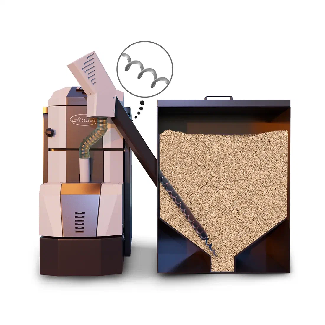 Open pellet hopper and auger feeder on the ATTACK PELLET 30 boiler