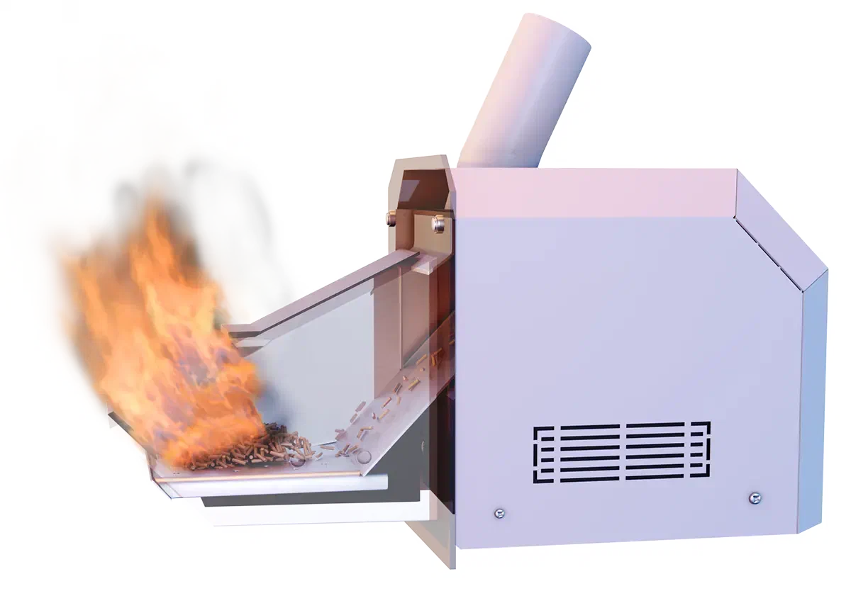Cutaway view of an ATTACK pellet burner with glowing pellets