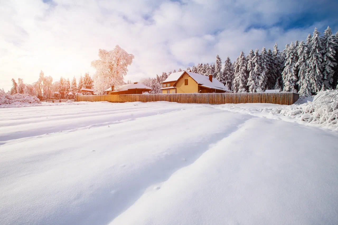 Family homes in a snowy winter landscape