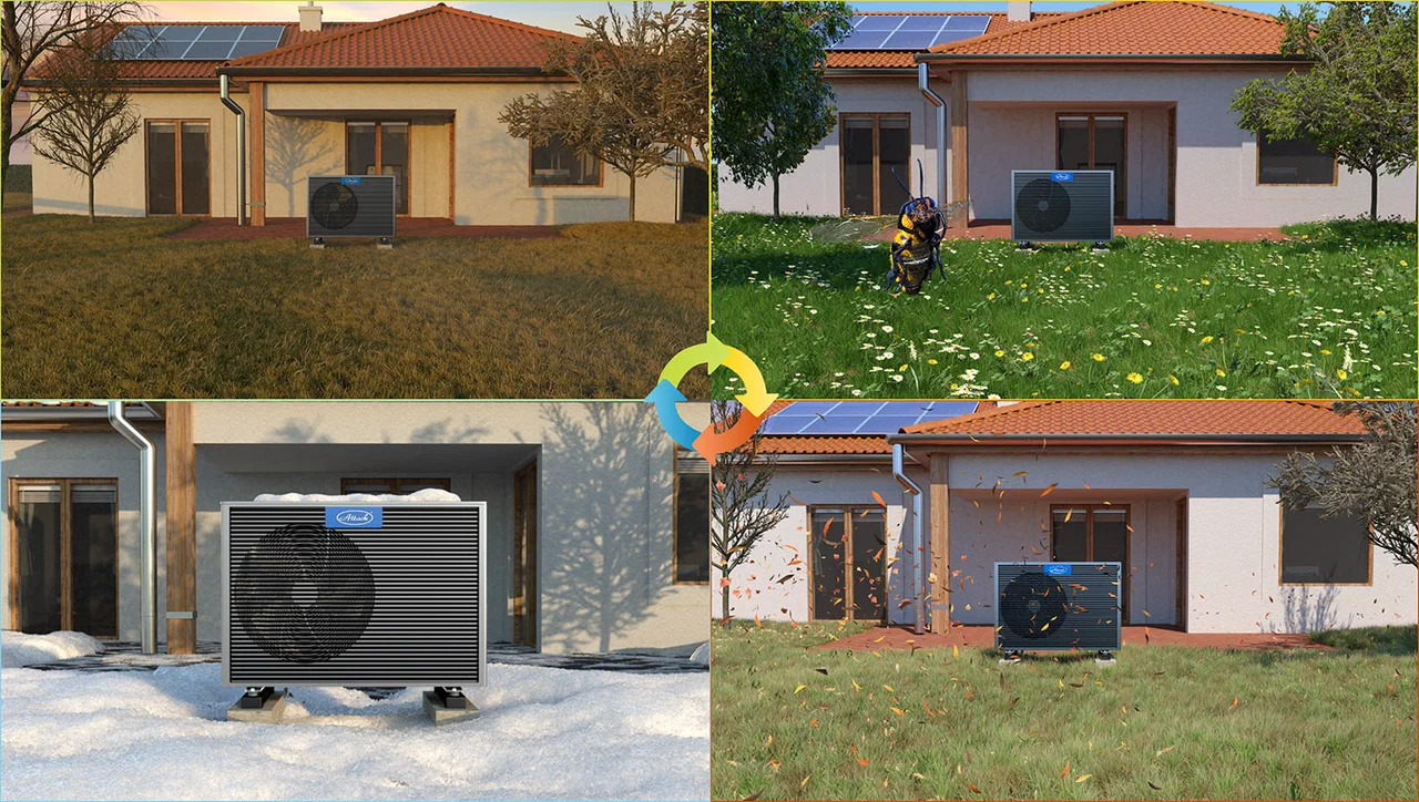 ATTACK heat pump beside a home in different seasons