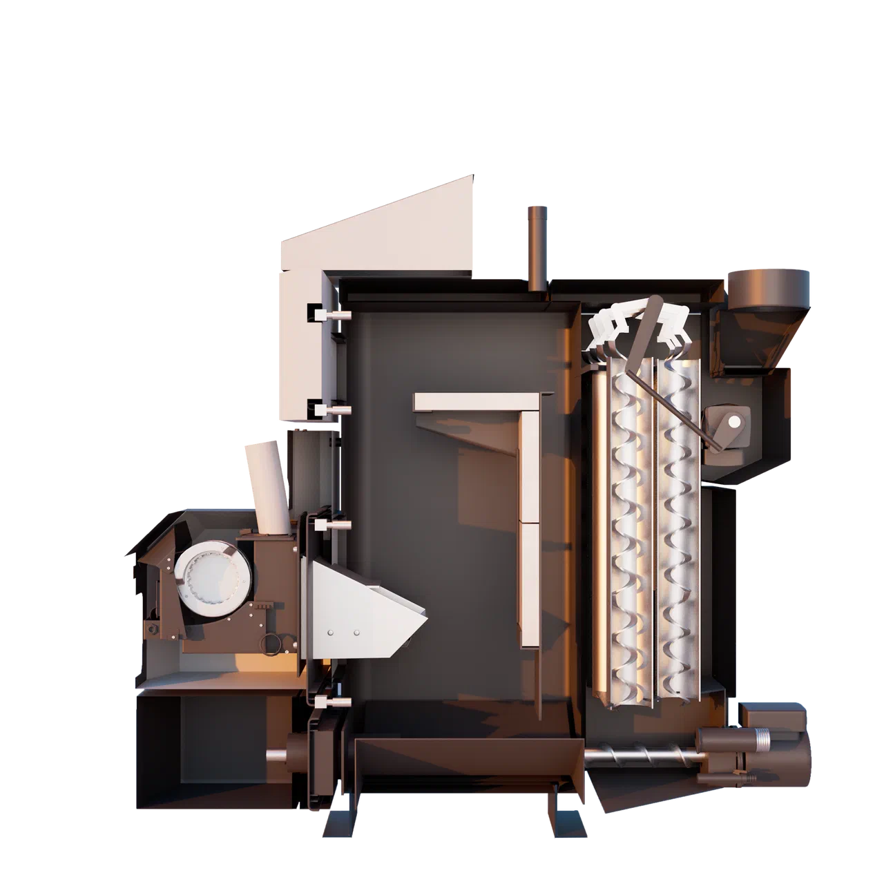 Cutaway view of the ATTACK PELLET 30 boiler showing turbulators and automatic cleaning