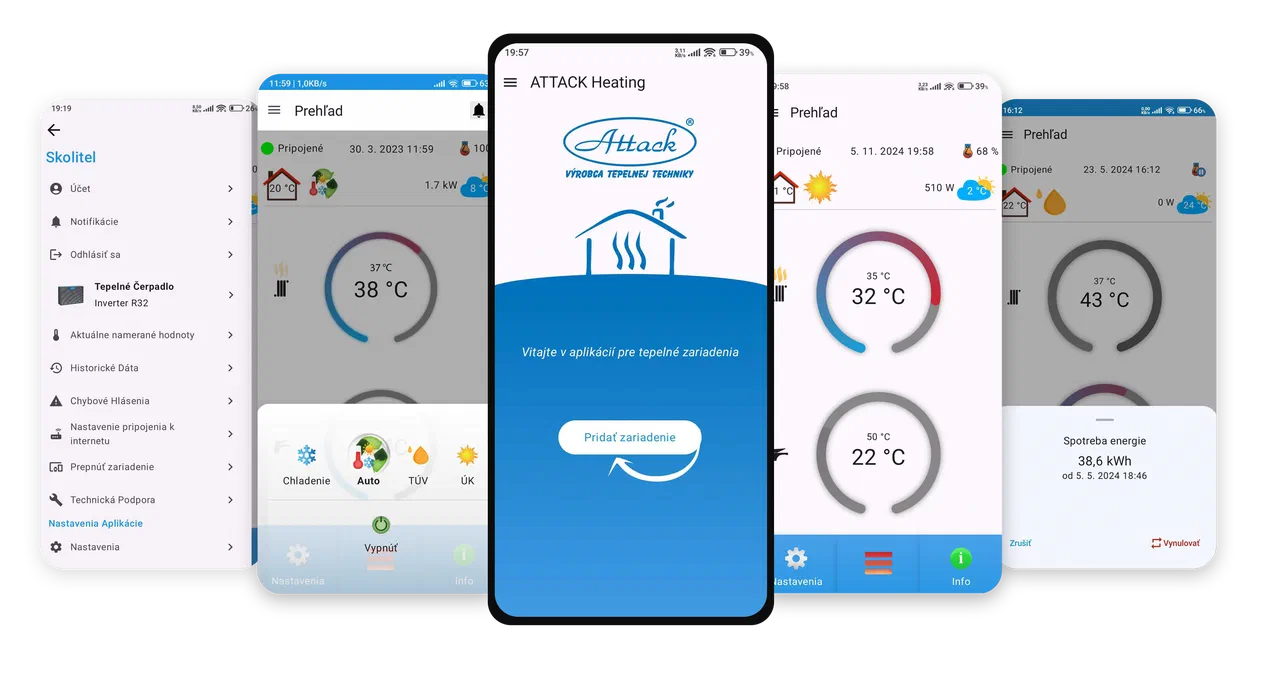 Screens from the ATTACK Heating app displayed on mobile phones