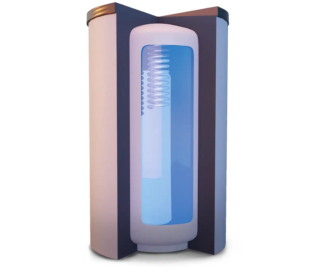 Cutaway of the ATTACK TUV tank with a stainless-steel coil for domestic hot water heating