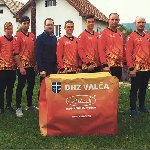 Members of the Valča volunteer fire brigade in ATTACK shirts