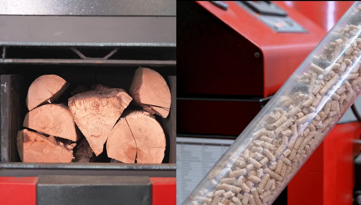 Logs in the loading chamber and pellets for the ATTACK DPX COMBI PELLET boiler