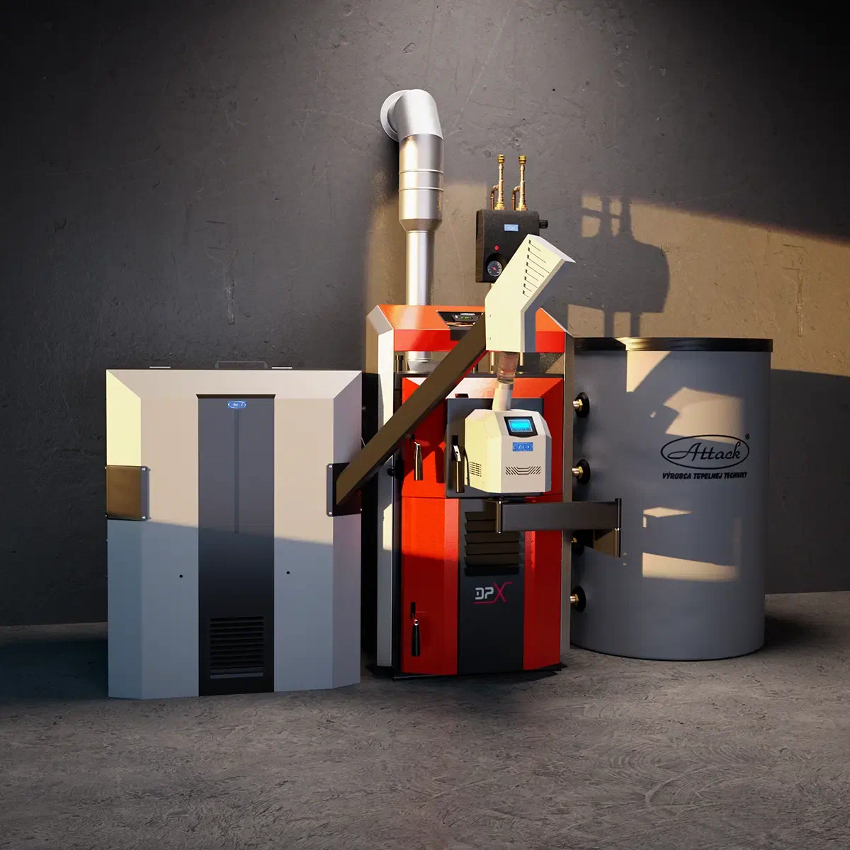 ATTACK DPX COMBI PELLET boiler and buffer tank in a boiler room