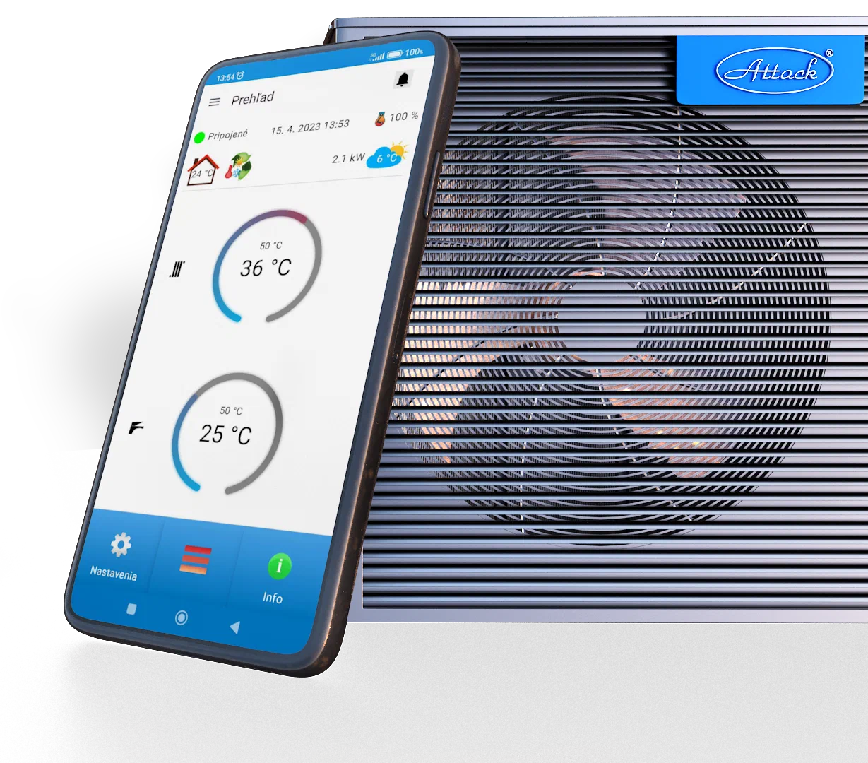 The ATTACK Heating mobile app on a phone in front of the heat pump outdoor unit