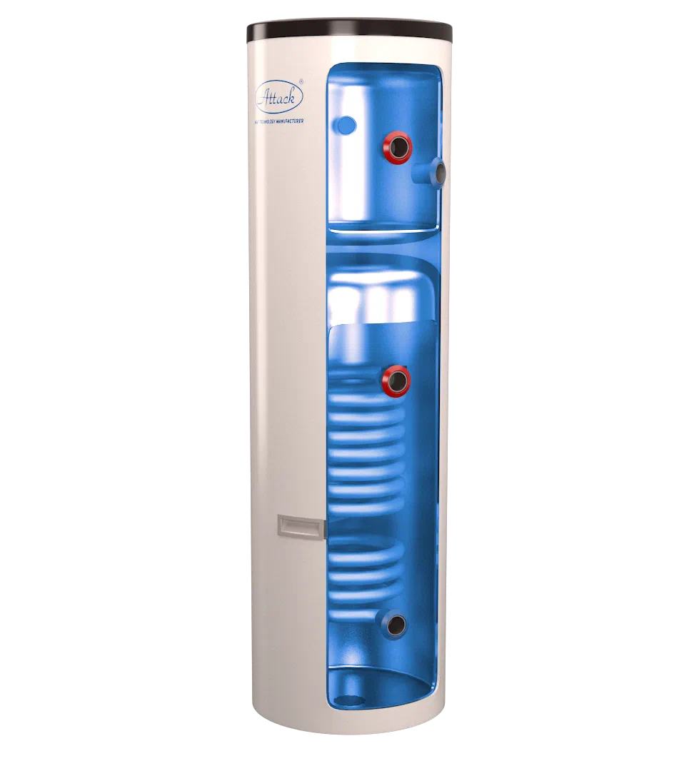 ATTACK HYDRO COMBI stainless steel tank showing its inner cylinder and heat exchanger
