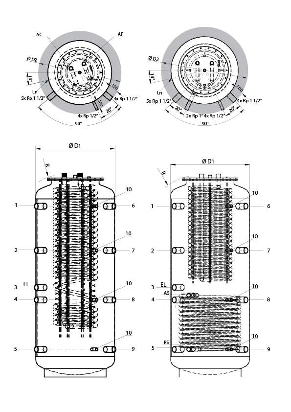 Connection and dimension diagram for ATTACK TUV and TUVS tanks