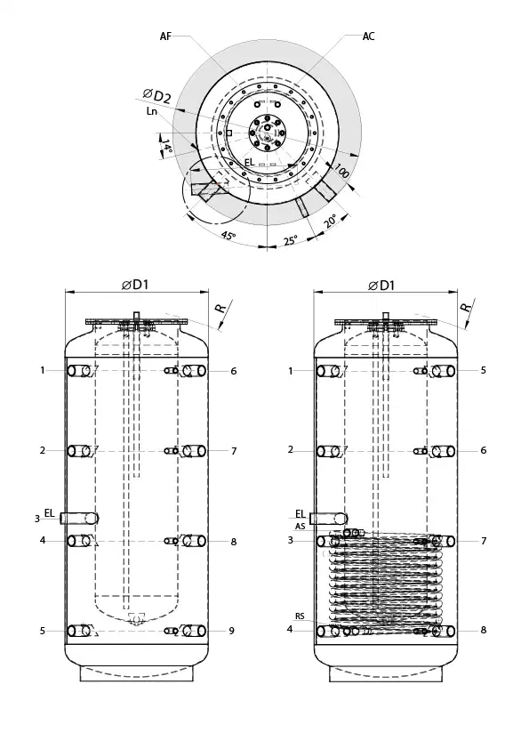 Connection diagram of ATTACK HR and HRS buffer tanks with marked connections