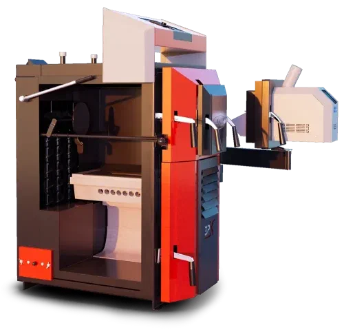 Cutaway diagram of the ATTACK DPX COMBI PELLET boiler with its automatic burner and blanking plate
