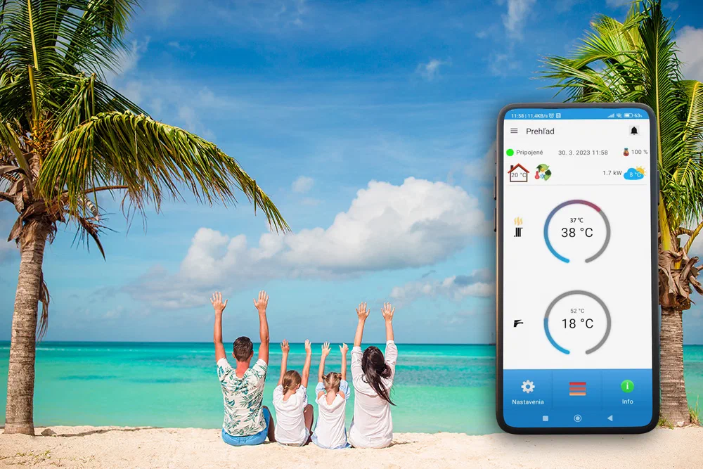 Family on holiday and the ATTACK Heating app for controlling the heat pump