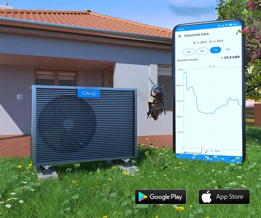 ATTACK Inverter R32 heat pump and the ATTACK Heating app displaying energy consumption