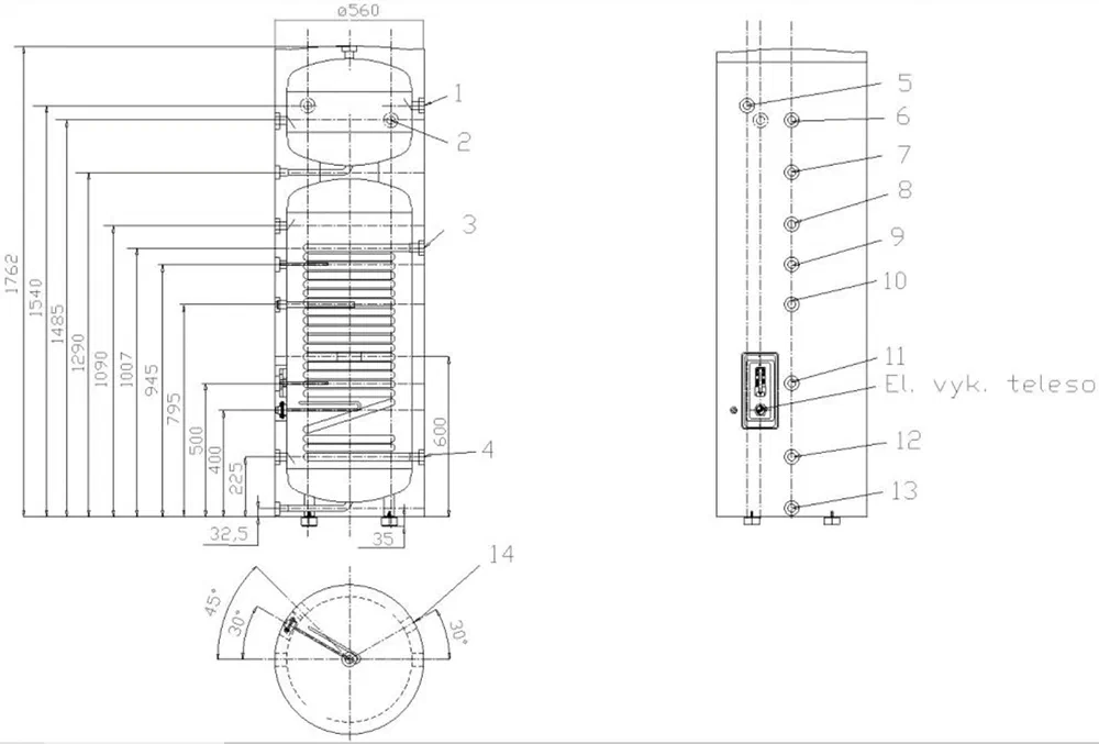 Technical diagram of the ATTACK HYDRO COMBI tank with marked connections