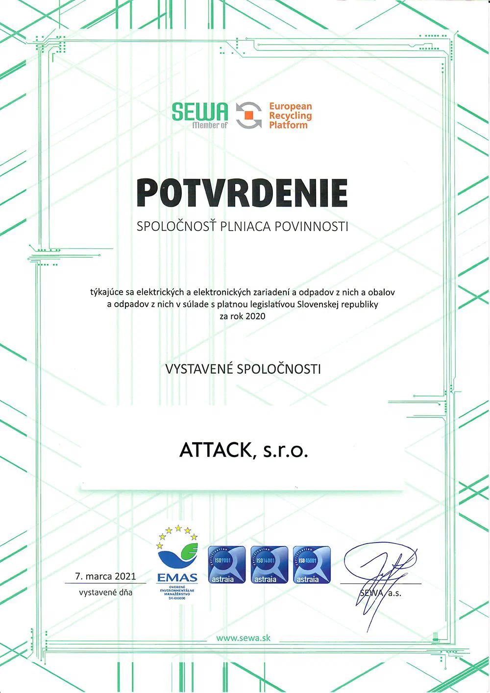 ATTACK environmental quality certificate