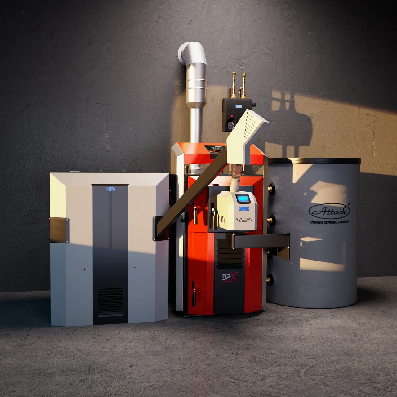 ATTACK DPX COMBI PELLET boiler with a buffer tank and pellet burner