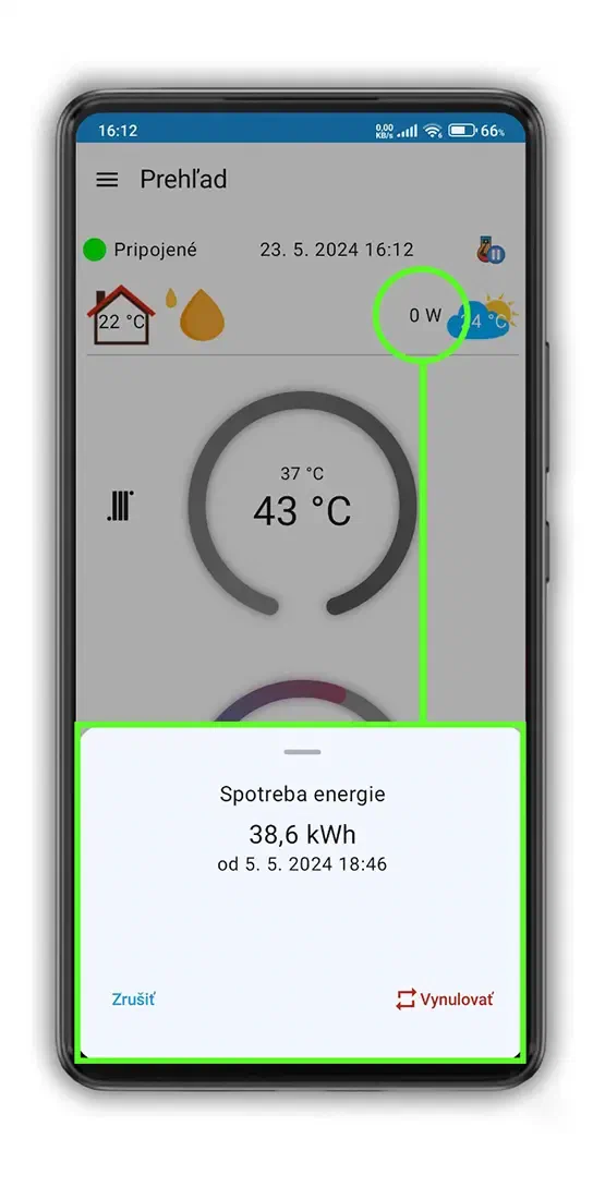 The mobile app showing the electricity consumption meter