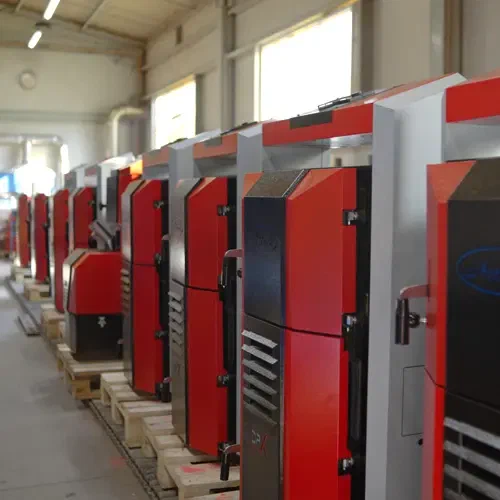 Assembled ATTACK wood boilers on the assembly line
