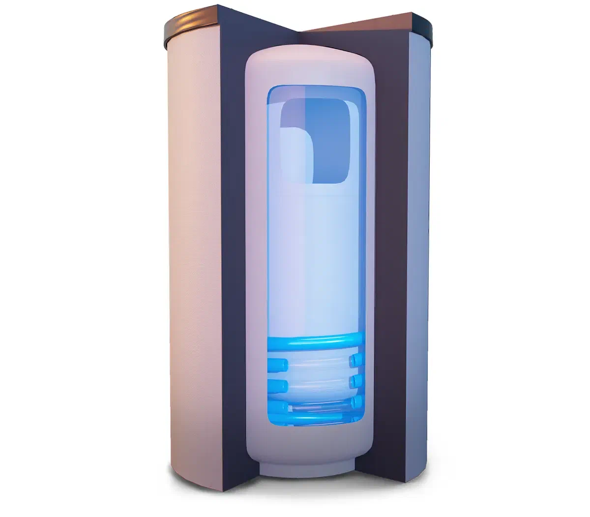 Cutaway of the ATTACK HRS tank with a domestic hot water tank and solar heat exchanger