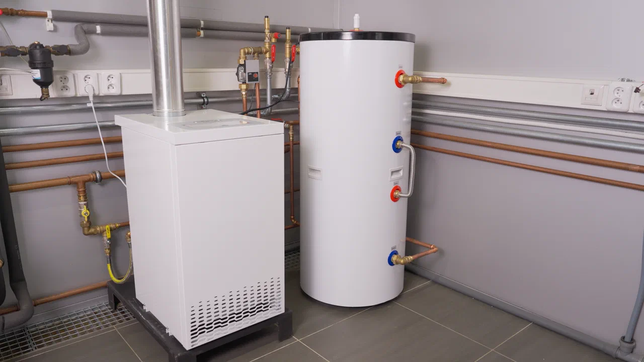 Floor-standing ATTACK COMBI gas boiler connected to a domestic hot water tank