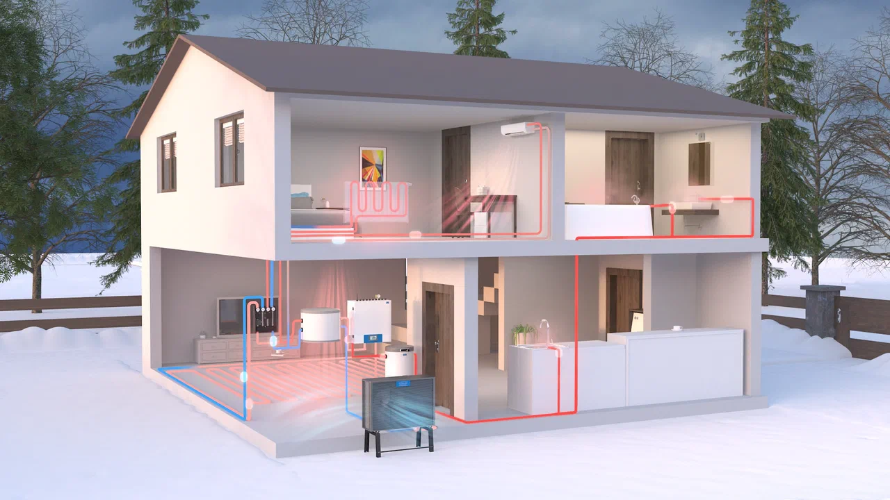 Central heating and cooling diagram in a family home