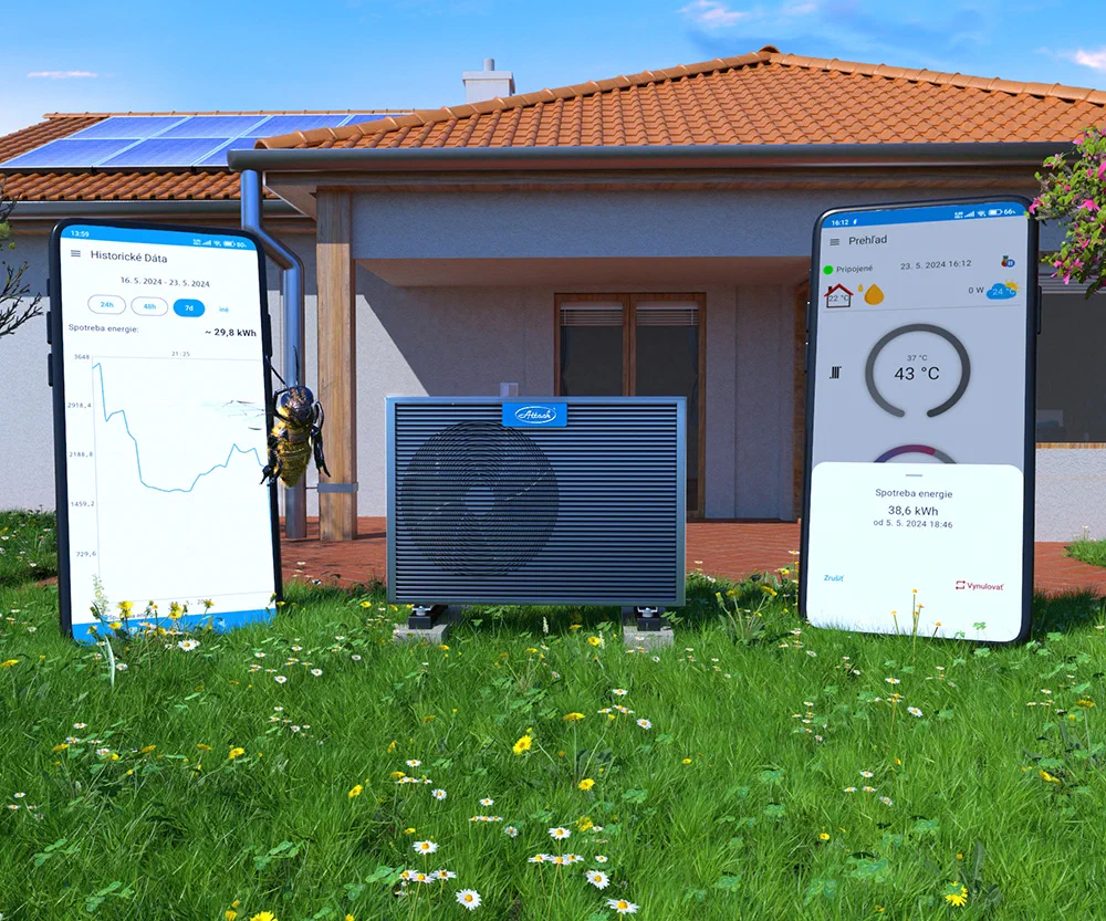 An ATTACK heat pump beside a house with app screens showing energy use