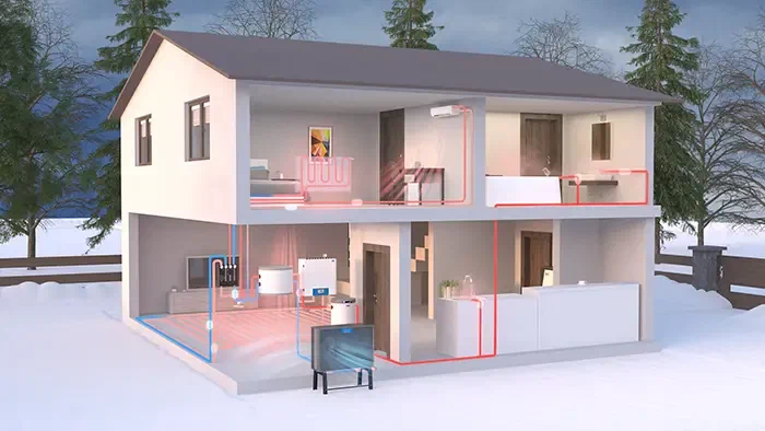 Heating and cooling a family home with a heat pump and fan coil units