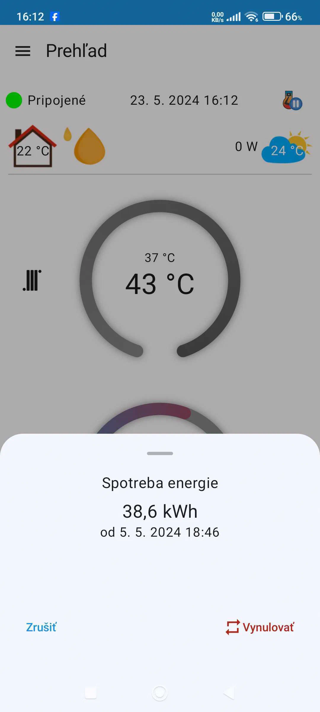 App home screen with the energy meter open