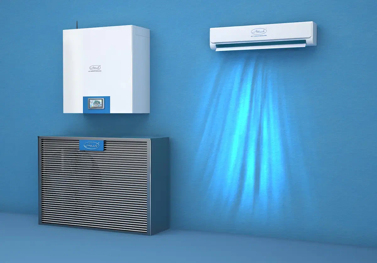 ATTACK Inverter R32 heat pump connected to a fan coil unit