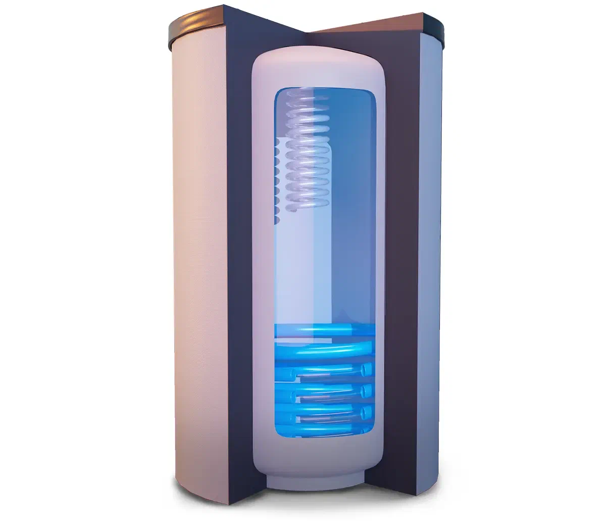 Cutaway of the ATTACK TUVS buffer tank with on-demand domestic hot water heating and a lower heat exchanger